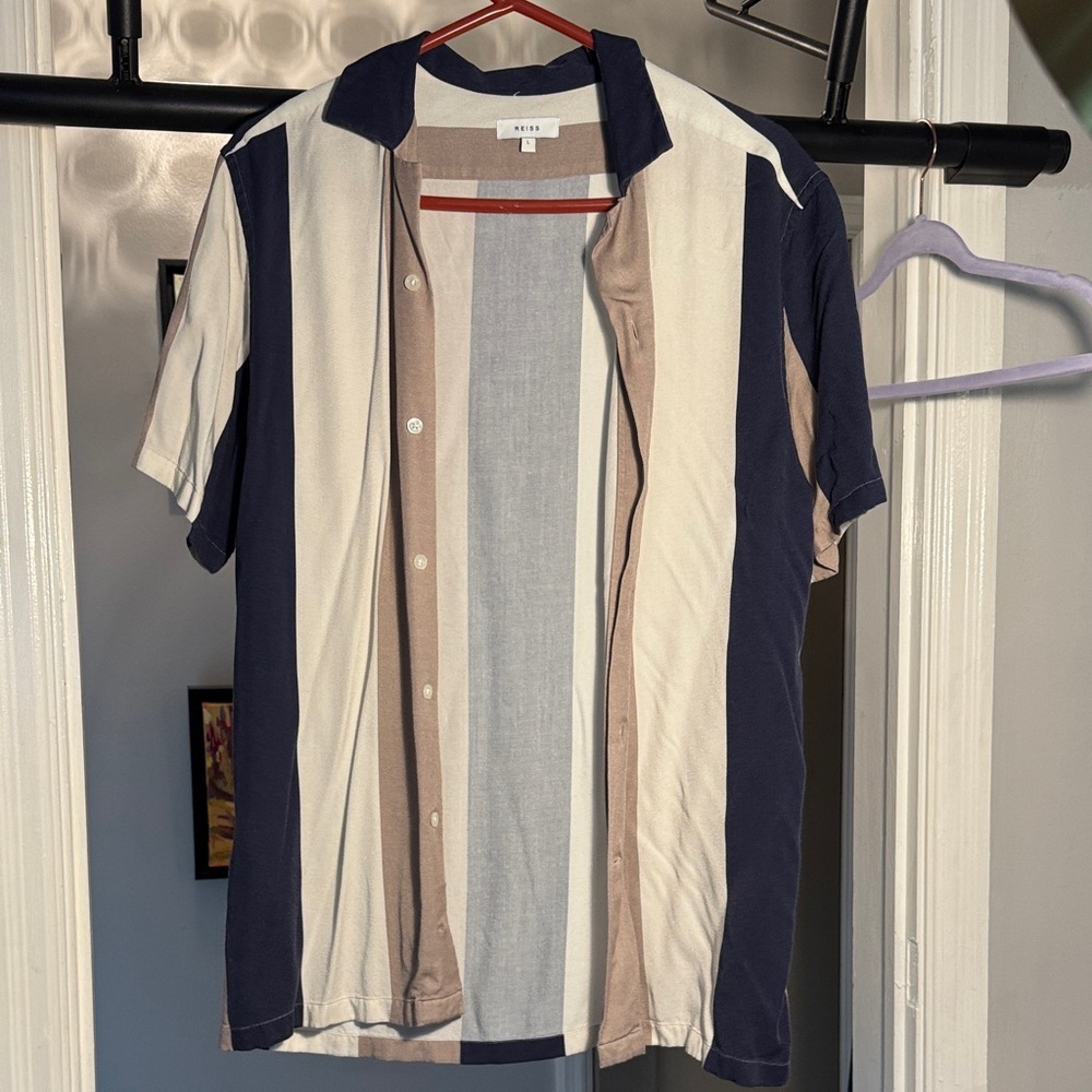 Reiss Men's Casual Striped Shirt - Navy, Beige, White